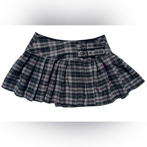 Banned Dark Collection Plaid Pleated Mini Skirt Buckle Detail Black Pink White